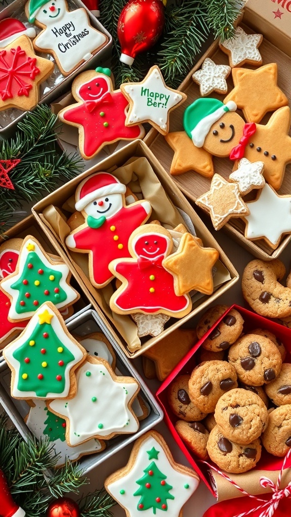 Festive Christmas Cookie Gift Ideas An assortment of decorated Christmas cookies in festive tins, surrounded by holiday decorations.